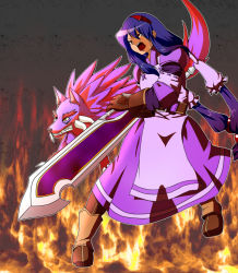 Rule 34 | 1girl, anastasia valeria, angry, apron, belt, boots, dress, fang, fire, gloves, hair ornament, hairband, hairpin, hazime-karbo, long hair, luceid, luceid (wild arms), open mouth, purple hair, red eyes, sidelocks, sword, tears, twintails, very long hair, weapon, wild arms, wild arms 2, wolf, yellow eyes