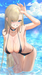 Rule 34 | 1girl, absurdres, arm up, asuna (blue archive), bikini, black bikini, black choker, blonde hair, blue archive, blue eyes, blue halo, blue sky, breasts, choker, cleavage, cloud, collarbone, day, grin, halo, highres, large breasts, leaning forward, lens flare, long hair, looking at viewer, mole, mole on breast, ocean, outdoors, sky, smile, solo, straight hair, strap gap, sunlight, swimsuit, takeda yousuke, thigh gap, very long hair, wading, water