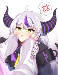 Rule 34 | 100ton250, 2girls, absurdres, ahoge, anger vein, black coat, blush, braid, coat, collar, cuffs, demon girl, demon horns, gradient background, hakui koyori, hands on another&#039;s cheeks, hands on another&#039;s face, highres, hololive, holox, horns, la+ darknesss, long hair, metal collar, multicolored hair, multiple girls, nail polish, necktie, pink hair, pink nails, pout, purple hair, silver hair, sleeve cuffs, sleeves past fingers, sleeves past wrists, slit pupils, speech bubble, spoken anger vein, streaked hair, striped horns, two-tone hair, very long hair, virtual youtuber, white background, white coat, yellow eyes, yellow necktie, zipper pull tab