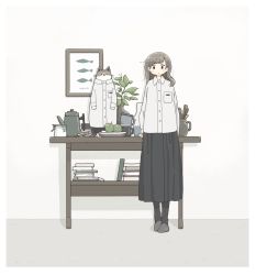 Rule 34 | 1girl, animal, apple, black skirt, book, breast pocket, cat, clothed animal, collared shirt, cup, desk, east sha2, food, fruit, highres, long hair, long sleeves, looking at viewer, no nose, original, pantyhose, plant, plate, pocket, shirt, skirt, spoon, standing, swept bangs, white shirt