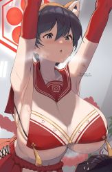 Rule 34 | 1girl, animal ears, armpits, arms up, bare shoulders, black hair, blue archive, blue eyes, blush, breasts, elbow gloves, gloves, halo, highres, huge breasts, magister, navel, open mouth, red sailor collar, revealing clothes, rope, rope belt, sailor collar, short hair, sideboob, sideless outfit, solo focus, sweat, tabard, tassel, tsubaki (blue archive), underboob