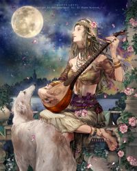 Rule 34 | 1girl, anklet, bad id, bad pixiv id, bandana, bare shoulders, barefoot, barefoot sandals (jewelry), borzoi, bracelet, brown eyes, brown hair, column, dog, flower, fringe trim, full moon, gypsy, highres, instrument, jewelry, long hair, lots of jewelry, lute (instrument), moon, necklace, night, night sky, official art, petals, pillar, plant, poncho, potted plant, ring, roe (d-c -b), skirt, sky, star (sky), tenkuu no crystalia, toe ring, watermark