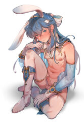 Rule 34 | 1boy, absurdres, animal ears, blue eyes, blue hair, blush, boots, byefrog, commentary, elbow gloves, english commentary, erection, fake animal ears, fire emblem, fire emblem: genealogy of the holy war, full body, gloves, highres, knee up, long hair, looking at viewer, low ponytail, male focus, navel, nintendo, nude, penis, puffy nipples, rabbit ears, seliph (fire emblem), shadow, shiny skin, sitting, skindentation, solo, testicles, thighhighs, trap, white background, white gloves, white thighhighs