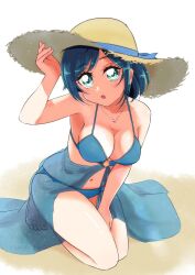 Rule 34 | 1girl, alternate costume, beach, bikini, blue bikini, blue eyes, blue hair, boh stick, breasts, day, delicious party precure, fuwa kokone, hair ornament, hairclip, hat, highres, jewelry, medium breasts, necklace, precure, sand, sarong, short hair, smile, solo, straw hat, swimsuit