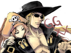 Rule 34 | 1boy, 1girl, arc system works, belt, black gloves, black hat, blonde hair, brown eyes, brown hair, buckle, closed mouth, collarbone, fingerless gloves, frown, gloves, guilty gear, guilty gear x, guilty gear xx, hand on another&#039;s shoulder, hat, johnny (guilty gear), long hair, may (guilty gear), muscular, open clothes, orange hair, orange hat, pirate, satomi (black scarecrow), simple background, skull and crossbones, sunglasses, text focus, upper body, white background