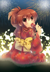 Rule 34 | 1girl, aerial fireworks, brown hair, candy apple, fireworks, food, hano haruka, japanese clothes, kimono, little busters!, long hair, natsume rin, ponytail, red eyes, red kimono, solo, yukata