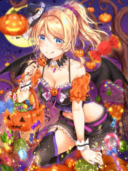 Rule 34 | 1girl, :q, ayase eli, bat wings, belt, black hat, black nails, black skirt, black thighhighs, blonde hair, blue eyes, blush, breasts, candy, candy cane, cleavage, commentary request, crescent, crescent moon, detached collar, food, garter straps, hair ornament, hair scrunchie, halloween, halloween costume, hat, hat ribbon, highres, holding, jack-o&#039;-lantern, licking lips, lollipop, looking at viewer, love live!, love live! school idol festival, love live! school idol project, medium breasts, midriff, mogu (au1127), moon, multicolored nails, nail polish, navel, neck ribbon, night, outdoors, plant, ponytail, purple nails, purple ribbon, purple scrunchie, red nails, ribbon, scrunchie, sidelocks, skirt, solo, thighhighs, tongue, tongue out, tree, vines, white ribbon, wings, witch hat, wrist cuffs