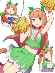 Rule 34 | 1-4daithi, 1girl, absurdres, alternate costume, alternate hairstyle, animal ears, anime coloring, apron, arm up, armpits, blunt bangs, breasts, carrot, cheerleader, collarbone, commentary request, fishing rod, green eyes, hair ornament, headband, highres, horse ears, horse girl, horse tail, looking at viewer, orange hair, pom pom (cheerleading), silence suzuka (umamusume), sleeveless, small breasts, solo, sweat, tail, umamusume, umamusume (anime), white background