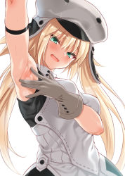 Rule 34 | 1girl, armband, armpits, artoria caster (fate), artoria caster (first ascension) (fate), artoria pendragon (fate), bare shoulders, blonde hair, blush, breasts, cle masahiro, eyes visible through hair, fate/grand order, fate (series), gloves, green eyes, hair between eyes, hat, highres, long hair, looking at viewer, medium breasts, open mouth, presenting armpit, simple background, sleeveless, solo, spread armpit, upper body, white background