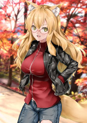 Rule 34 | 1girl, :d, absurdres, animal ears, black jacket, blonde hair, blue pants, breasts, cowboy shot, fangs, fate/grand order, fate (series), floating hair, glasses, hand in pocket, highres, jacket, kamehito, large breasts, long hair, looking at viewer, open clothes, open jacket, open mouth, outdoors, pants, red-framed eyewear, red jacket, slit pupils, smile, solo, standing, suzuka gozen (fate), suzuka gozen (traveling outfit) (fate), tail, torn clothes, torn pants, unzipped, wolf ears, wolf tail, yellow eyes