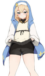 Rule 34 | 1boy, bike shorts, black shorts, blonde hair, blue eyes, blush, bridget (guilty gear), closed mouth, guilty gear, guilty gear strive, lifting own clothes, long sleeves, looking down, male focus, nun, short hair, shorts, simple background, smile, solo, standing, terazip, trap, white background