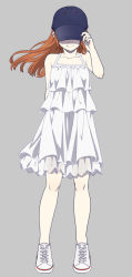 Rule 34 | 1girl, arm behind back, bare legs, bare shoulders, baseball cap, blue hat, closed mouth, collarbone, converse, covering face, dress, facing viewer, floating hair, full body, hand on headwear, hat, layered dress, legs apart, long hair, mattaku mousuke, no socks, orange hair, original, shoes, simple background, sleeveless, sleeveless dress, smile, sneakers, solo, standing, sundress, white dress