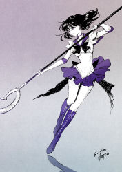 Rule 34 | 1girl, 2017, bishoujo senshi sailor moon, black hair, boots, brooch, cross-laced footwear, dated, elbow gloves, full body, gloves, half-closed eyes, holding, knee boots, looking to the side, monochrome, partially colored, purple eyes, purple footwear, purple sailor collar, purple skirt, s-yin, sailor collar, sailor saturn, short hair, signature, silence glaive, simple background, skirt, solo, star brooch, tomoe hotaru, weapon