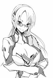 Rule 34 | 1girl, bodysuit, breasts, cleavage, commentary request, evangelion: 2.0 you can (not) advance, glasses, greyscale, hairband, interface headset, kara (color), large breasts, long hair, makinami mari illustrious, monochrome, neon genesis evangelion, pilot suit, plugsuit, rebuild of evangelion, solo, twintails