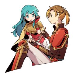 Rule 34 | 1boy, 1girl, armor, blue eyes, blue hair, breastplate, brown hair, closed mouth, commentary request, drawing, earrings, eirika (fire emblem), fire emblem, fire emblem: the sacred stones, forde (fire emblem), green eyes, haconeri, holding, holding paintbrush, jewelry, light smile, long hair, nintendo, open mouth, paintbrush, short hair, shoulder armor, simple background, sitting, smile, tassel, tassel earrings, white background