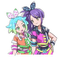 Rule 34 | 2girls, :d, blue hair, bow, closed mouth, cropped jacket, cropped legs, eye contact, fang, gradient hair, green eyes, green hair, hair bow, hairband, hand on own hip, headphones, headphones around neck, idol clothes, idol time pripara, long hair, looking at another, multicolored hair, multiple girls, nijiiro nino, open mouth, pretty series, pripara, purple hair, rituyama1, short hair, short sleeves, side ponytail, simple background, smile, standing, suspenders, toudou shion, white background, white hairband, yellow eyes