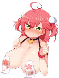 Rule 34 | 1girl, ahoge, areola slip, bare shoulders, bell, blush, breasts, cleavage, collar, collarbone, covered erect nipples, covering nipples, covering privates, green eyes, highres, hololive, large breasts, medium hair, neck bell, ofuda, ofuda on nipples, pasties, pom pom (clothes), pout, red hair, sakura miko, sakura miko (work), scrunchie, simple background, solo, sweat, two side up, upper body, virtual youtuber, wavy mouth, white background, wrist scrunchie