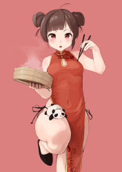 Rule 34 | 1girl, absurdres, azur lane, bamboo steamer, baozi, black footwear, blunt bangs, blush, breasts, brown hair, china dress, chinese clothes, chopsticks, covered navel, double bun, dress, food, hair bun, highres, open mouth, painnico, panda, ping hai (azur lane), pink background, red dress, red eyes, short hair, simple background, sleeveless, small breasts, solo, standing, standing on one leg, steam, thighs