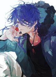 Rule 34 | 1boy, arisugawa dice, asymmetrical hair, black shirt, blue hair, blue jacket, closed mouth, collarbone, commentary request, dice, earrings, fur-trimmed jacket, fur trim, hanakazesun, hand up, highres, holding dice, hood, hooded jacket, hypnosis mic, jacket, jewelry, long hair, looking at viewer, male focus, pants, purple eyes, shirt, simple background, single earring, solo, upper body, v-shaped eyebrows, white background, white pants