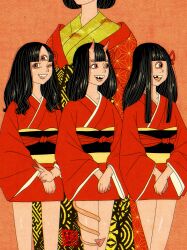 Rule 34 | 4girls, absurdres, arms in front, black hair, bow, brown eyes, cowboy shot, cyclops, fang, fine art parody, geisha, hair bow, head out of frame, highres, hime cut, horns, inkan, japanese clothes, kimono, long hair, long sleeves, looking at viewer, looking to the side, multiple girls, nihonga, one-eyed, one eye closed, orange background, original, parody, parted bangs, red hair bow, red kimono, sei5osuzuki, short kimono, smile, tail around own leg, third eye, tooth gap, v, wink