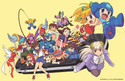 Rule 34 | 6+boys, 6+girls, anakaris, angel wings, animal print, artist request, bat print, blonde hair, blue sailor collar, blue skin, breasts, breath of fire, breath of fire iii, bulleta, capcom, capcom fighting jam, cleavage, colored skin, commentary request, company connection, crossover, data (mega man), everyone, hairpods, handheld game console, ingrid (capcom), kasugano sakura, large breasts, lei lei, lilith aensland, mega man (character), mega man (classic), mega man (series), mega man legends (series), mega man volnutt, mega man x (series), morrigan aensland, multiple boys, multiple girls, nina (breath of fire iii), official art, pantyhose, playstation portable, print pantyhose, roll (mega man), roll caskett (mega man), ryu (street fighter), ryuu (breath of fire iii), sailor collar, servbot (mega man), short hair, street fighter, street fighter zero (series), tron bonne (mega man), vampire (game), watermark, white wings, wings, yellow background, zero (mega man)
