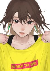 Rule 34 | 1girl, absurdres, black eyes, brown hair, collarbone, commentary request, earrings, highres, hirasawa yui, jewelry, k-on!, necosuna7l, realistic, revision, shirt, simple background, solo, white background, yellow shirt