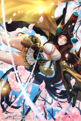 Rule 34 | 1girl, absurdly long hair, armor, black gloves, black hair, breasts, cleavage, collarbone, dated, falling, geta, gloves, hat, highres, holding, holding sword, holding weapon, japanese armor, japanese clothes, large breasts, long hair, long sleeves, looking at viewer, miniskirt, obi, onmyoji, red lips, sash, shrug (clothing), skirt, sliced, solo, sword, tabi, very long hair, watermark, weapon, web address, xiaji, yaodao ji, yellow eyes, youtouhime