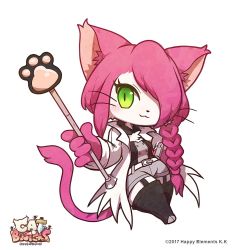 Rule 34 | 1girl, animal ears, artist request, cat busters, cat ears, cat tail, female focus, furry, furry female, green eyes, hair over one eye, logo, long hair, neko hakase (cat busters), no humans, official art, smile, solo, tail, watermark
