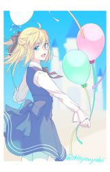 Rule 34 | 1girl, :d, absurdres, ahoge, artoria pendragon (all), artoria pendragon (fate), balloon, black bow, black neckwear, blonde hair, blue bow, blue eyes, blue skirt, bow, collared shirt, cowboy shot, fate/unlimited codes, fate (series), floating hair, green bow, hair between eyes, hair bow, highres, long hair, long sleeves, looking at viewer, miniskirt, open mouth, pantyhose, red bow, saber lily, saber lily (festival outfit) (fate), shayubi, shirt, skirt, smile, solo, standing, twitter username, white pantyhose, white shirt, wing collar