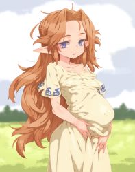 Rule 34 | 1girl, blue sky, child, cloud, cloudy sky, collarbone, day, highres, long hair, looking at viewer, looking to the side, malon, nintendo, outdoors, parted lips, pointy ears, pregnant, short sleeves, sky, solo, tenako (mugu77), the legend of zelda, the legend of zelda: ocarina of time