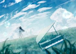 Rule 34 | 1girl, absurdres, blue hair, blue sky, blurry, bubble, cloud, cloudy sky, day, depth of field, dew drop, dress, field, grand piano, grass, hand on headwear, hat, highres, instrument, kumagaya nono, long hair, outdoors, piano, scenery, short sleeves, sky, solo, sun hat, vocaloid, water drop, white dress