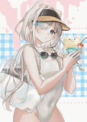 Rule 34 | 1girl, :o, alternate costume, animal ears, arknights, aurora (arknights), bag, bear ears, bear girl, blue background, blue eyes, breasts, cherry, commentary, cowboy shot, cup, drinking straw, eyewear around neck, food, fruit, highleg, highleg swimsuit, highres, holding, holding food, ice cream, long hair, maikumi, medium breasts, multicolored background, one-piece swimsuit, pink background, plaid, plaid background, signature, solo, spoon, sunglasses, swimsuit, visor cap, white background, white bag, white hair, white swimsuit