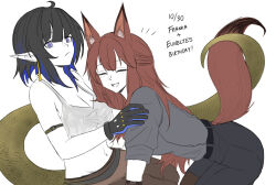 Rule 34 | 2girls, animal ears, arknights, brown hair, dated, dokonjou (odossan), eunectes (arknights), fox ears, fox girl, fox tail, franka (arknights), gloves, grey shirt, multicolored hair, multiple girls, pointy ears, shirt, smile, snake tail, tail, two-tone hair, white background, yuri
