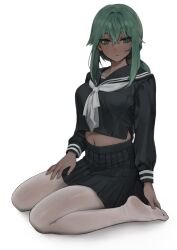 Rule 34 | 1girl, absurdres, breasts, commentary, crop top, crop top overhang, dress, feet, full body, gompang 11, green eyes, green hair, hand on own hip, hand on own thigh, highres, kneeling, large breasts, legs, medium breasts, navel, no shoes, original, sailor collar, sailor dress, sitting, soles, solo, thighhighs, thighs, wariza, white background, white thighhighs
