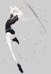 Rule 34 | 1other, androgynous, arms up, bad id, bad twitter id, diamond (houseki no kuni), houseki no kuni, leg up, lunch (lunchicken), short hair, shorts, solo, sword, thighhighs, weapon, white hair, white thighhighs