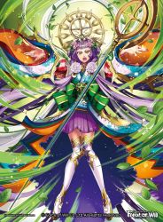 Rule 34 | 1girl, artist name, boots, bow, copyright name, crown, flower, force of will, fukuzou, green eyes, hair flower, hair ornament, japanese clothes, leaf, long hair, low twintails, official art, open mouth, purple hair, solo, sparkle, staff, star (symbol), teeth, twintails