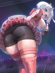 Rule 34 | 1girl, ahoge, ass, ass focus, bike shorts, black shorts, blush, breasts, cameltoe, elphelt valentine, fingerless gloves, from behind, gloves, green eyes, guilty gear, guilty gear strive, highres, jacket, large breasts, leaning, leaning forward, looking at viewer, looking down, microphone, miniskirt, moonfilin, open mouth, short hair, short shorts, shorts, sideboob, skirt, smile, solo, thick thighs, thigh strap, thighhighs, thighs, upskirt, white hair