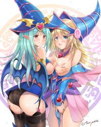 Rule 34 | 2girls, aqua hair, bare shoulders, blonde hair, blush, blush stickers, boots, grabbing another&#039;s breast, breasts, chocolate magician girl, choker, cleavage, dark magician girl, duel monster, garter straps, grabbing, green eyes, hat, hexagram, highres, large breasts, long hair, looking at viewer, multiple girls, nipples, panties, pentacle, pentagram, pointy ears, pussy juice, red eyes, skirt, staryume, thigh boots, thighhighs, underwear, wings, wizard hat, yu-gi-oh!, yu-gi-oh! duel monsters
