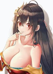 Rule 34 | 1girl, ahoge, azur lane, bare shoulders, black hair, breasts, cleavage, collarbone, commentary request, crossed bangs, finger to mouth, hair between eyes, hair ribbon, highres, japanese clothes, kimono, large breasts, long hair, mask, mask on head, off shoulder, red eyes, red kimono, ribbon, smile, solo, sora (men0105), taihou (azur lane), very long hair