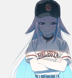 Rule 34 | 1girl, baseball cap, baseball uniform, blunt bangs, commentary request, crossed arms, hat, highres, lize helesta, long hair, looking at viewer, nijisanji, partial commentary, sakino shingetsu, simple background, solo, sportswear, virtual youtuber, white background
