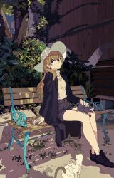 Rule 34 | 1girl, animal, animal on lap, bench, bush, cat, cogecha, commentary request, forest, hat, highres, jacket, leaf, nature, on lap, original, shoes, shorts, sitting, sitting on lap, sitting on person, solo, wooden wall