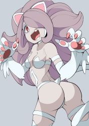 Rule 34 | animal ears, animal hands, ass, breasts, cat ears, claws, cosplay, fang, felicia (cosplay), hair over one eye, little witch academia, purple hair, sucy manbavaran, tail, vampire (game)