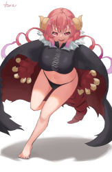 Rule 34 | 1girl, bare legs, barefoot, black cape, breasts, cape, dragon claw, dragon girl, dragon horns, dragon tail, highres, horns, ilulu (maidragon), kobayashi-san chi no maidragon, large breasts, navel, open mouth, shadow, shortstack, signature, simple background, smile, solo, tail, thong, toxic (toxicv), white background