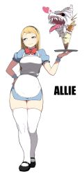 Rule 34 | 1girl, accio, apron, bad id, bad tumblr id, blonde hair, blue eyes, bow, bowtie, breasts, character name, curvy, dress, english text, food, frown, full body, hairband, half-closed eyes, hand on own hip, heart, highres, hip focus, ice cream, jitome, long hair, long legs, mary janes, medium breasts, monster, necktie, open mouth, parfait, pocky, sharp teeth, shoes, short hair, simple background, skirt, solo, standing, sweatdrop, teeth, thick thighs, thighhighs, thighs, tray, wafer stick, waitress, white background, white thighhighs, zettai ryouiki
