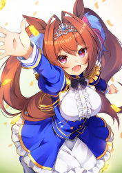 Rule 34 | 1girl, :d, animal ears, arm up, blue jacket, blue skirt, breasts, brown hair, center frills, commentary request, confetti, daiwa scarlet (umamusume), epaulettes, fang, frilled skirt, frills, from above, gradient background, green background, hair between eyes, hair intakes, highres, horse ears, horse girl, horse tail, jacket, juliet sleeves, large breasts, long sleeves, looking at viewer, looking up, open mouth, pilokey, puffy sleeves, purple eyes, shirt, skirt, smile, solo, tail, tiara, twintails, umamusume, white background, white shirt