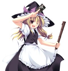 Rule 34 | 1girl, apron, blonde hair, broom, card, fang, female focus, hat, highres, holding, holding card, kirisame marisa, non-web source, solo, spell card, tateha (marvelous grace), touhou, white background, witch hat