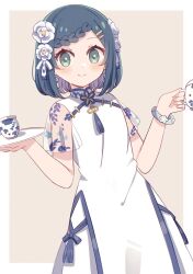 Rule 34 | 1girl, aqua eyes, blue hair, bracelet, braid, braided bangs, china dress, chinese clothes, commentary, delicious party precure, dress, flower, fuwa kokone, hair flower, hair ornament, hairclip, highres, jewelry, plate, precure, short hair, smile, solo, white flower, yairon0315