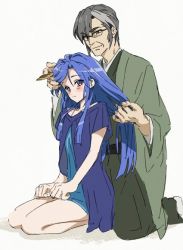 Rule 34 | 10s, 1boy, 1girl, bare legs, behind another, black hair, blue dress, blue eyes, blue hair, blue shirt, blush, brushing another&#039;s hair, brushing hair, closed mouth, collarbone, comb, dress, embarrassed, expressionless, eyebrows, family, father and daughter, full body, glasses, grey eyes, grey hair, hair brush, hair down, hairdressing, hanakuso, hand in own hair, hands on lap, japanese clothes, jewelry, kazanari tsubasa, kazanari yatsuhiro, kimono, kneeling, long hair, long sleeves, looking at another, multicolored hair, necklace, seiza, senki zesshou symphogear, shirt, short sleeves, sidelocks, simple background, sitting, smile, socks, streaked hair, white background, wide sleeves