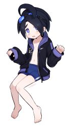 Rule 34 | 1boy, ahoge, allister (pokemon), alternate costume, barefoot, black hair, black hoodie, blue male swimwear, blush, bright pupils, collarbone, commentary request, creatures (company), full body, game freak, goggles, goggles on head, hands up, highres, himawari (kawaisounaedesu), hood, hood down, hoodie, knees, knees together feet apart, long sleeves, looking at viewer, male focus, male swimwear, mole, mole under mouth, navel, nintendo, open clothes, open hoodie, open mouth, pokemon, pokemon swsh, purple eyes, raised eyebrows, short hair, signature, sleeves past wrists, solo, swim trunks, toes, tongue, white pupils, zipper, zipper pull tab