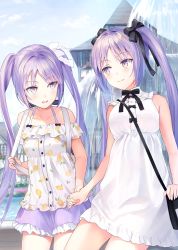 Rule 34 | 2girls, bad id, bad pixiv id, bag, bare shoulders, black ribbon, cloud, commentary request, day, dress, euryale (fate), eye contact, fate/grand order, fate (series), fountain, hair ribbon, hand grab, handbag, highres, long hair, looking at another, multiple girls, nanotaro, neck ribbon, outdoors, pixiv fate/grand order contest 2, purple eyes, purple hair, purple skirt, ribbon, shirt, short dress, short sleeves, siblings, sisters, skirt, smile, stheno (fate), twins, twintails, very long hair, white dress, white ribbon